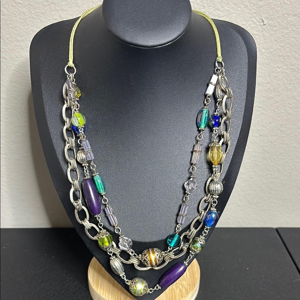 Mixed Media Glass Beaded Colorful Layered Cord Chain Necklace Art Deco